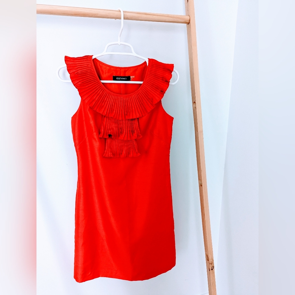 Ellen Tracy Red Shift Ruffle collar linen dress, size 2